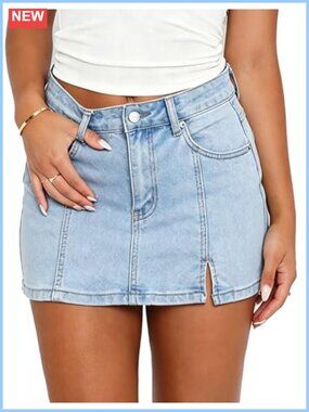 High Rise A-Line Denim Mini Skirt Side Slit Stretch Y2K Summer Jean Skirt